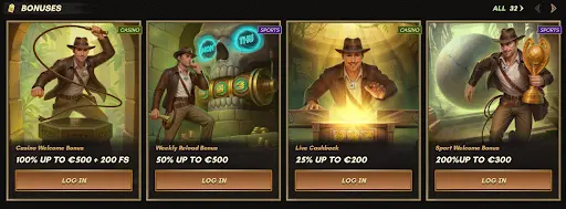 Übersicht mit mehreren Bonuskarten, die Casino- und Sportangebote zeigen, darunter Willkommensbonus, Reload-Bonus und Cashback, visuell präsentiert im Abenteuerstil des sankra bonus Bereichs