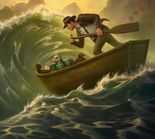 Abenteurer steuert ein kleines Boot durch eine gewaltige grüne Welle, während Schätze und eine goldene Statue an Bord liegen und die dynamische Atmosphäre des sankra online casino symbolisieren