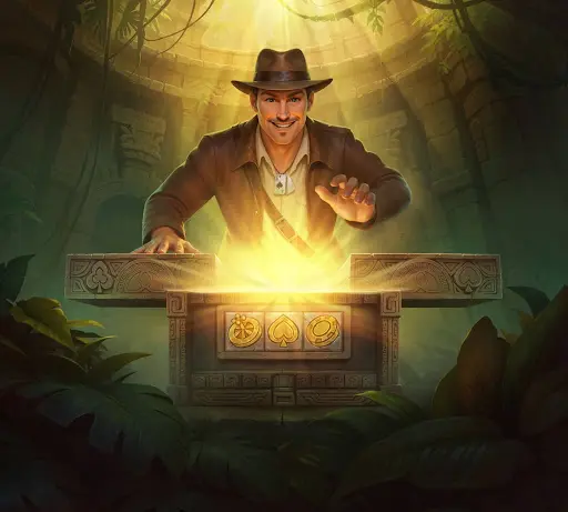 Entdecker voller Vorfreude, der in einem geheimen Tempel einen leuchtenden Schatz öffnet, als Symbol für exklusive Chancen, besondere Vorteile und den Zugang zu wertvollen Belohnungen dank dem sankra casino bonus