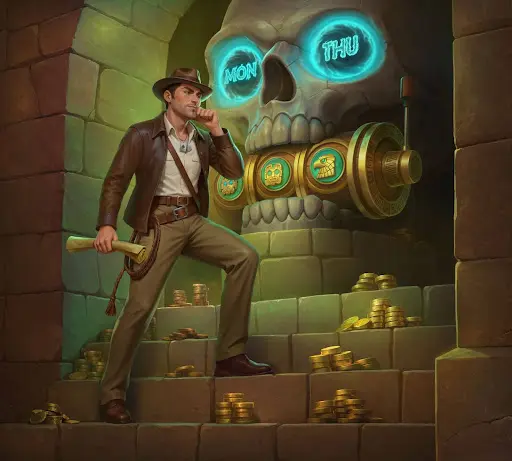 Nachdenklicher Abenteurer vor einem geheimnisvollen Tempelmechanismus in Form eines leuchtenden Schädels, umgeben von Goldmünzen, als Symbol für strategische Entscheidungen und den sicheren Zugang zu exklusiven Vorteilen über den sankra login