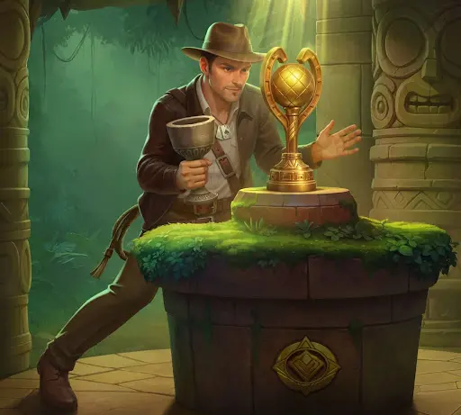 Konzentrierter Entdecker steht vor einem antiken Podest und betrachtet eine goldene Trophäe im geheimnisvollen Tempel, als Symbol für kluge Entscheidungen, wertvolle Belohnungen und den gezielten Einstieg ins sankra online casino