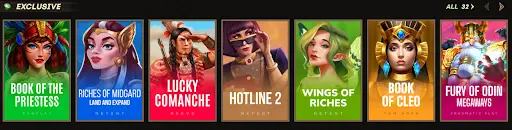 Exklusive Slot-Auswahl mit Titeln wie Book of the Priestess, Lucky Comanche, Wings of Riches und Fury of Odin, präsentiert als kuratierte Spielkollektion mit Fokus auf Vielfalt und sankra bonus